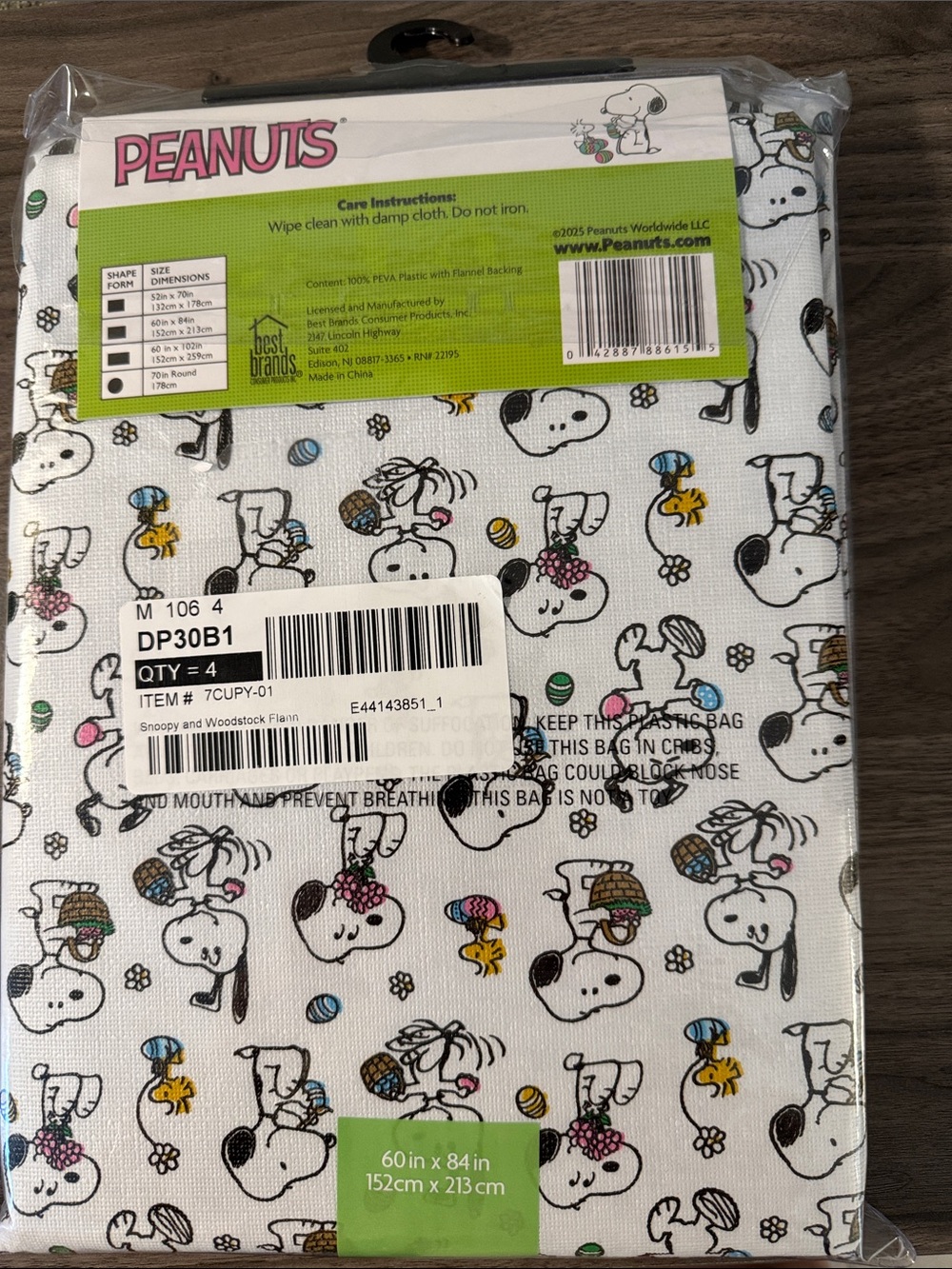 Peanuts Snoopy & Woodstock Easter Print Flannel-Backed PEVA Tablecloth, 60x84” - Picture 2 of 3